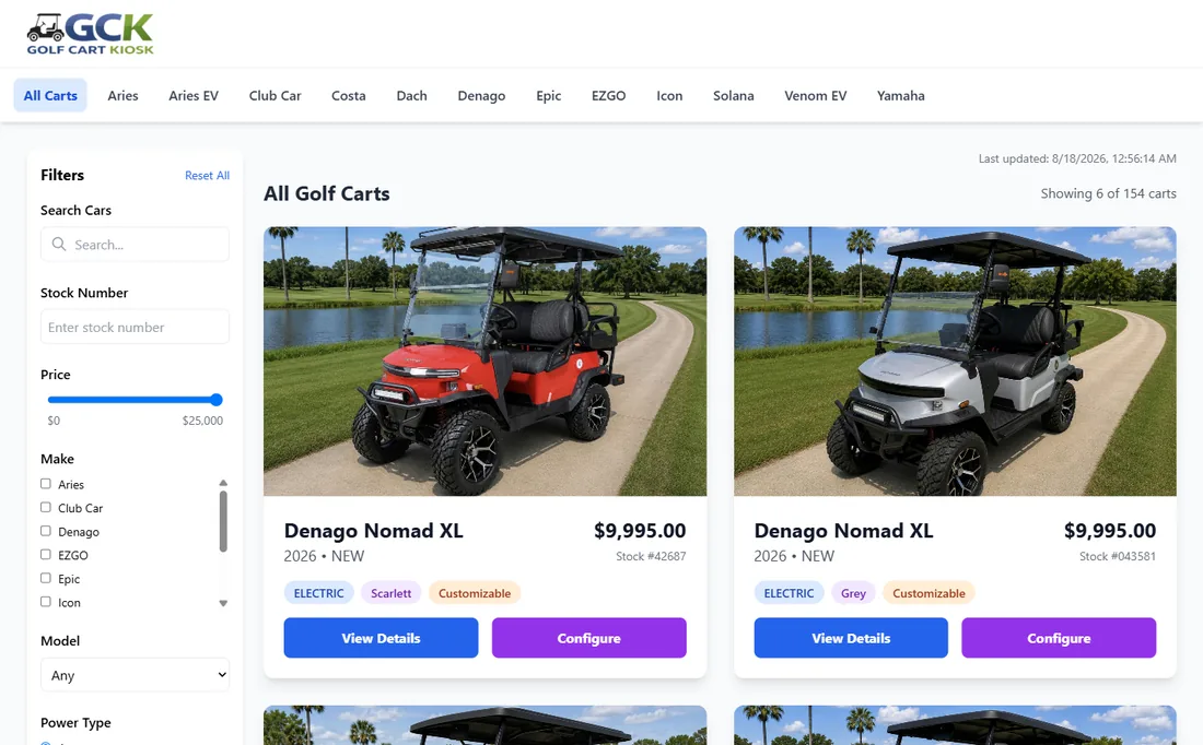 The kiosk's cart browser, showing stock filtered by make, model and power type
